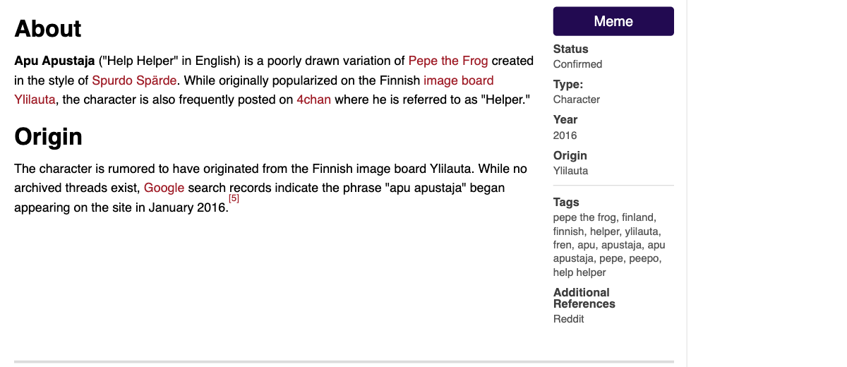 Screenshot of the About and Origin sections of the Know Your Meme entry, with the status, type, year and tags box