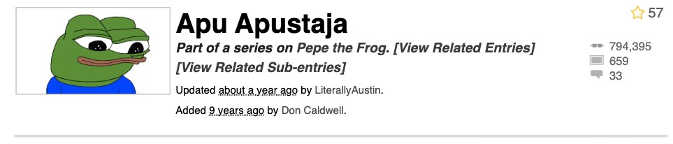 Screenshot of the Apu Apustaja entry on Know Your Meme: confirmed, part of a series on Pepe the Frog, 794,395 views